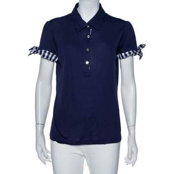 Pre Owned Carolina Herrera Indigo Cotton Check Trim Detail Polo T-Shirt L