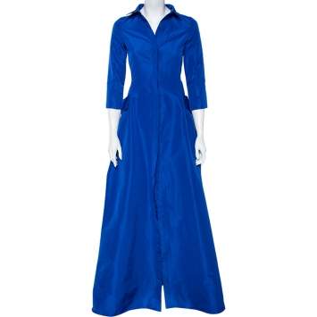 Pre Owned Carolina Herrera Royal Blue Taffeta Pocketed Flared Shirt Dress S