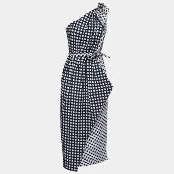 Pre Owned Carolina Herrera Navy Blue/Grey Polka Dot Taffeta One Shoulder Cascade Midi Dress M