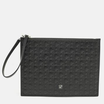 Pre Owned Carolina Herrera Black Monogram Embossed Leather Wristlet Pouch