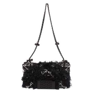 Pre Owned Carolina Herrera Black Tweed CH Flap Shoulder Bag