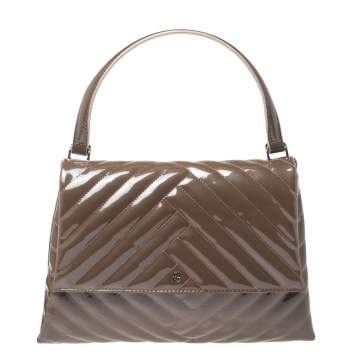 Pre Owned Carolina Herrera Dark Beige Quilted Chevron Patent Leather Flap Top Handle Bag