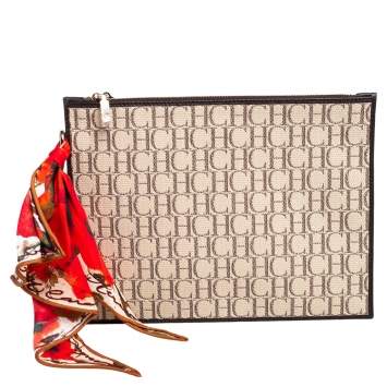 Pre Owned Carolina Herrera Ivory/Brown Monogram Canvas and Leather Zip Pouch 