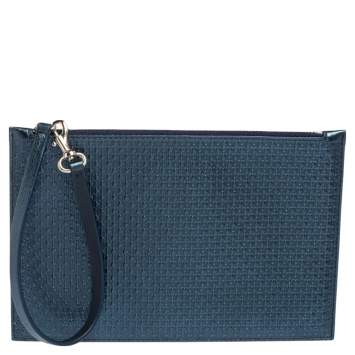 Pre Owned Carolina Herrera Metallic Blue Micro Monogram Embossed Leather Wristlet Pouch