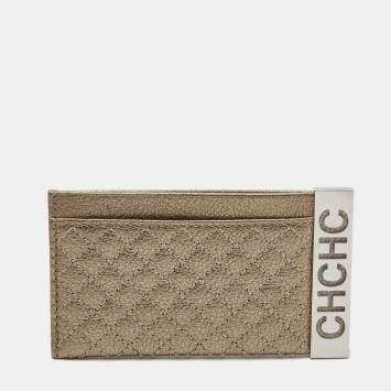Pre Owned Carolina Herrera Light Gold Quilted Leather Card Holder
