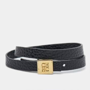 Pre Owned Carolina Herrera CH Black Leather Gold Tone Wrap Bracelet