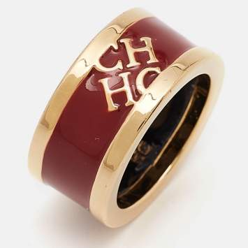 Pre Owned Carolina Herrera CH Logo Enamel Gold Tone Band Ring EU 54