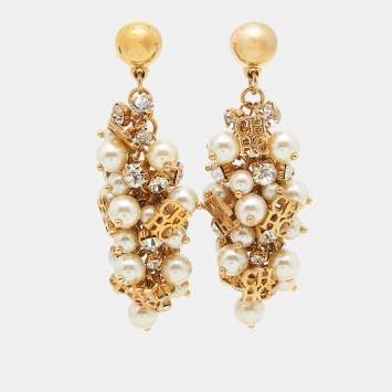 Pre Owned Carolina Herrera CH Faux Pearl Crystal Gold Tone Earrings