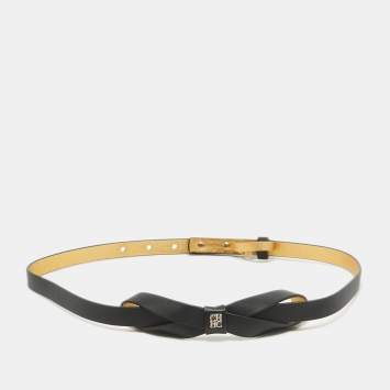 Pre Owned Carolina Herrera Black Leather Logo Bow Slim Waist Belt 75CM