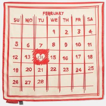 Pre Owned CH Carolina Herrera Cream/Red Valentine's Day Calendar Print Scarf
