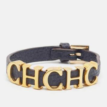 Pre Owned Carolina Herrera Navy Blue Leather Gold Tone Logo Charm Bracelet