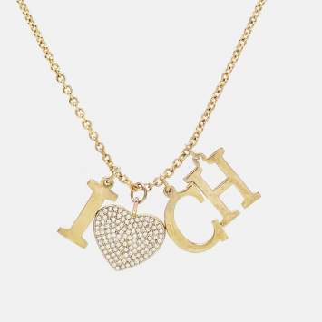 Pre Owned Carolina Herrera CH I Love CH Crystals Gold Tone Necklace