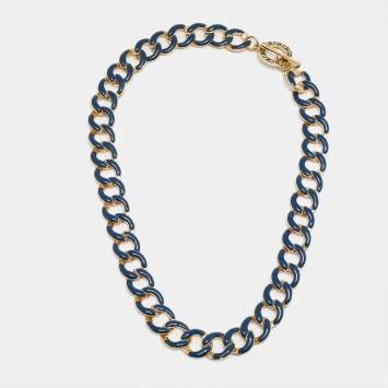 Pre Owned Carolina Herrera CH Blue/Orange Enamel Gold Tone Metal Necklace