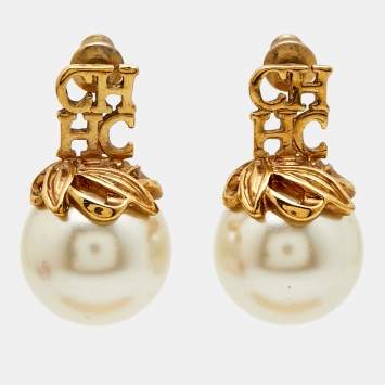 Pre Owned Carolina Herrera CH Faux Pearl Gold Tone Earrings