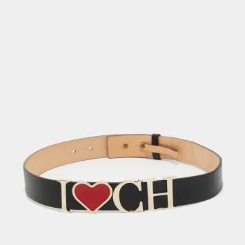 Pre Owned Carolina Herrera Black Leather I Love CH Waist Belt 75CM