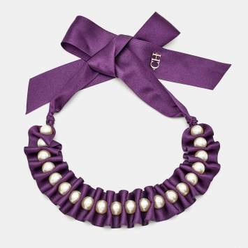 Pre Owned Carolina Herrera Fabric Faux Pearl Embellished Gold Tone Necklace