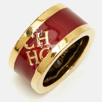 Pre Owned Carolina Herrera CH Logo Red Enamel Gold Tone Band Ring Size 54
