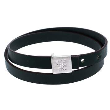 Pre Owned CH Carolina Herrera Green Leather Silver Tone Double Wrap Bracelet