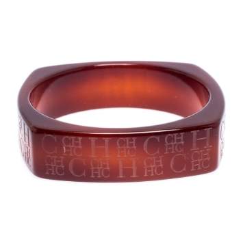 Pre Owned Carolina Herrera Tan Brown Logo Etched Wide Bangle Bracelet