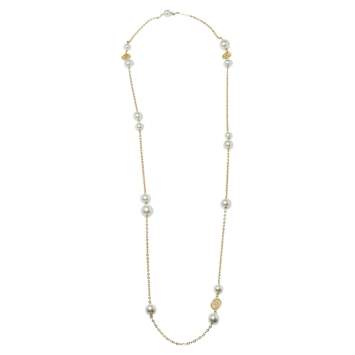 Pre Owned CH Carolina Herrera Gold Tone Logo Faux Pearl Station Necklace
