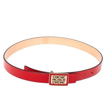 Pre Owned Carolina Herrera Red Leather Logo Belt 80CM