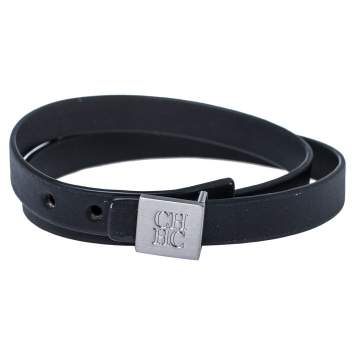 Pre Owned Carolina Herrera Black Leather Brushed Silver Tone Double Wrap Bracelet