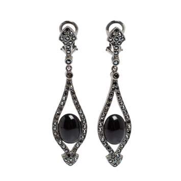 Pre Owned Carolina Herrera Black Crystal Resin Gunmetal Tone Drop Earrings