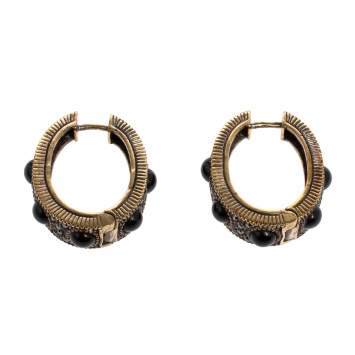 Pre Owned Carolina Herrera Black Crystal Resin Gold Tone Hoop Earrings