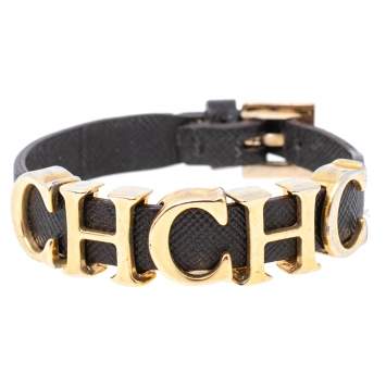 Pre Owned Carolina Herrera Brown Leather Logo Charm Bracelet