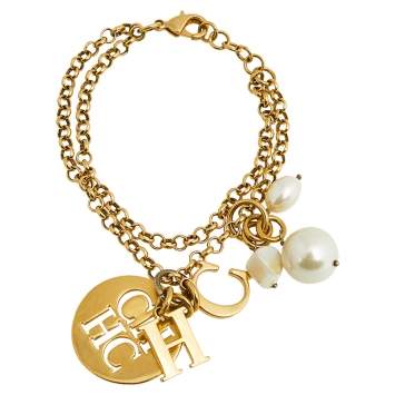 Pre Owned Carolina Herrera Gold Tone Pearls & Logo Charm Double Chain Bracelet