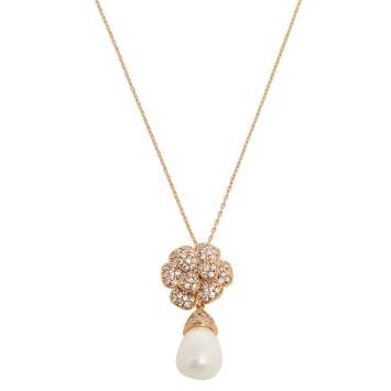 Pre Owned Carolina Herrera Gold Tone Floral Crystal Pearl Drop Pendant Necklace