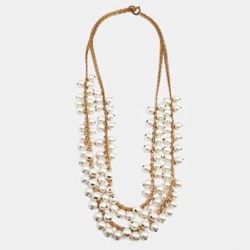 Pre Owned Carolina Herrera CH Faux Pearls Gold Tone Metal Necklace
