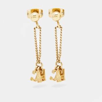 Pre Owned Carolina Herrera CH Gold Tone Metal Drop Earrings
