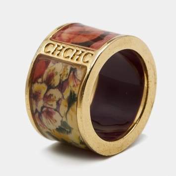 Pre Owned Carolina Herrera CH Enamel Gold Tone Ring Size 53