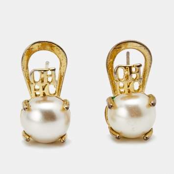 Pre Owned Carolina Herrera CH Faux Pearl Gold Tone Loop Back Earrings