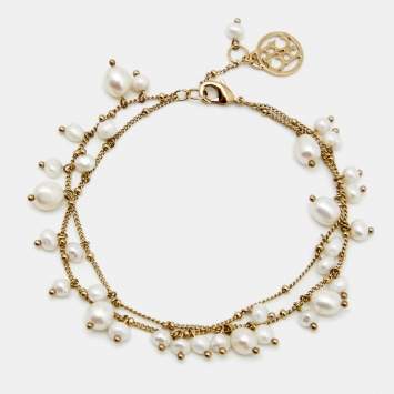 Pre Owned Carolina Herrera Faux Pearl Gold Tone Double Chain Bracelet