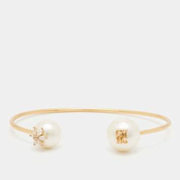 Pre Owned Carolina Herrera Faux Pearl Crystals Gold Tone Bracelet