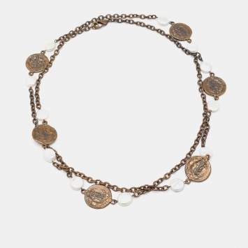 Pre Owned Carolina Herrera Antique Finish Metal Pearl Station Necklace