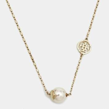Pre Owned CH Carolina Herrera Faux Pearl Gold Tone Station Necklace