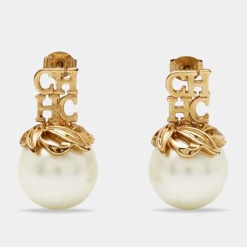 Pre Owned Carolina Herrera CH Logo Faux Pearl Gold Tone Metal Earrings