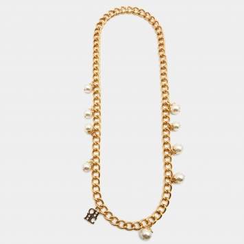 Pre Owned Carolina Herrera CH Faux Pearl Gold Tone Long Chain Link Necklace