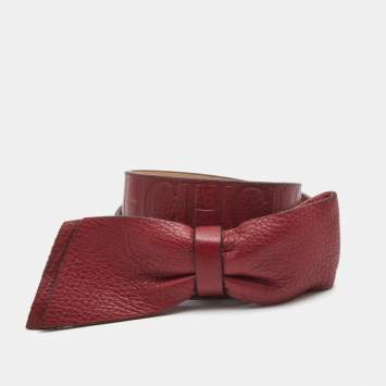 Pre Owned Carolina Herrera Red Logo Embossed Leather Bow Waist Belt 80CM