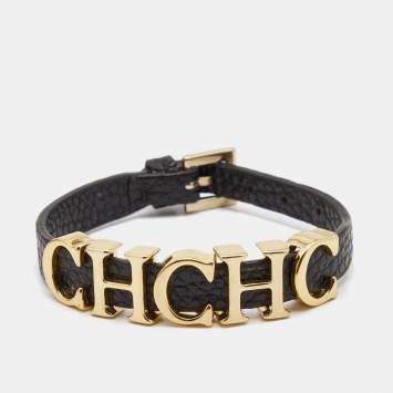 Pre Owned Carolina Herrera CH Black Leather Gold Tone Logo Bracelet