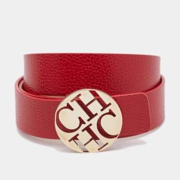 Pre Owned Carolina Herrera Red Leather Logo Round Buckle Belt 85CM