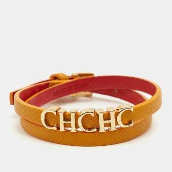 Pre Owned Carolina Herrera CH Logo Leather Gold Tone Double Tour Bracelet