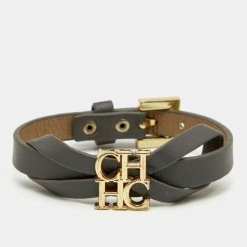 Pre Owned Carolina Herrera CH Ribbon Leather Gold Tone Bracelet