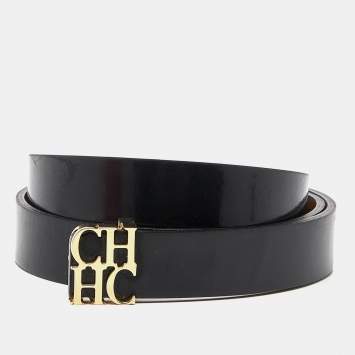Pre Owned Carolina Herrera Black Leather CHHC Logo Waist Belt 85CM