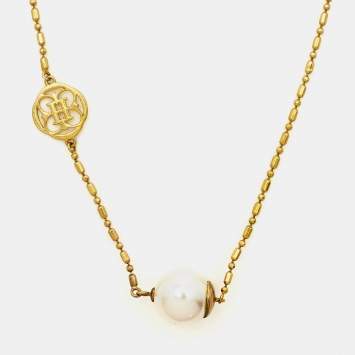 Pre Owned Carolina Herrera CH Faux Pearl Gold Tone Necklace