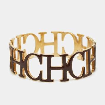 Pre Owned Carolina Herrera CH Motif Enamel Gold Tone Bangle Bracelet