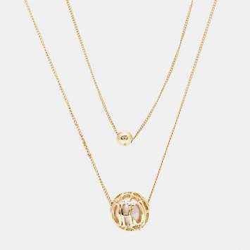 Pre Owned Carolina Herrera Faux Pearl Gold Tone Logo Double Strand Necklace